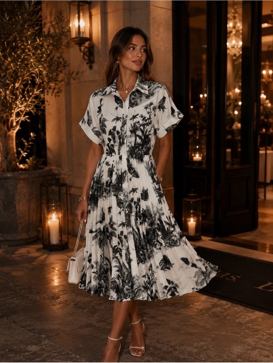 Dresses & Skirts - Button-Front Floral Pleated Maxi Dress - Black/White